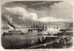Loď a vlečný člun na Mississippi, kresba Evremond Auguste de Berard (1824-1881), pro ilustraci cesty do New Orleans v roce 1855 od Elysee (Elisee) Reclus (1830-1905). Rytina v „“ Le tour du monde, nouveau journal des voyages““ Paříž
