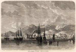 Španělský přístav v Trinidadu (Trinidad a Tobago), kresba Evremond Auguste de Berard (1824-1881), pro ilustraci plaveb do Západní Indie v letech 1858-1859 od Anthonyho Trollope (1815-1882). Rytina v „“ Le tour du monde, nouveau journal des voya