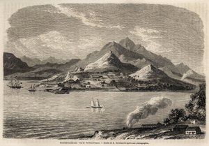 Pohled na Port of France, Nová Kaledonie, kresba Evremonta de Berarda (1824-1881), k ilustraci cesty Victora de Rochase do Nové Kaledonie v roce 1859. Rytina v „“Le tour du monde““ 1861. Selva sbírka.