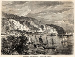 Pohled na Saint Pierre na Martiniku, kresba Augusta de Berarda (1824-1881), pro ilustraci plaveb do Západní Indie v letech 1858-1859 od Anthonyho Trollope (1815-1882). Rytina do „“Celého světa, nový cestovní deník““ Paříž
