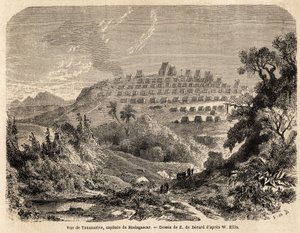 Pohled na Tananarive, hlavní město Madagaskaru, kresba Evremonda de Berarda (1824-1881), k ilustraci cesty Idy Pfeifferové na Madagaskar v roce 1857. Rytina v „”Le tour du monde”” 1861. Selva sbírka.