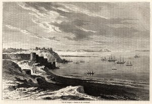 Pohled na Tanger (Maroko), kresba Evremonda de Berarda (1824-1881), pro ilustraci cestopisných poznámek M. F. Schicklera do Maroka. Rytina v „“ Le tour du monde, nouveau journal des voyages““ Paříž