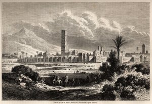 Pohled na město Marrakech (dříve Maroko), kresba Auguste de Berard (1824-1881), pro ilustraci Mr.F. Schicklerova cesta do Maroka v roce 1860. Rytina v „“ Le tour du monde, nouveau journal des voyages““ Paříž