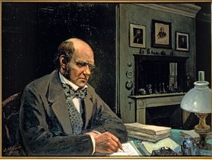 Charles Darwin, britský přírodovědec a evoluční vědec, při práci ve své pracovně (malba na plátně) od Evstafieff Evstafieff
