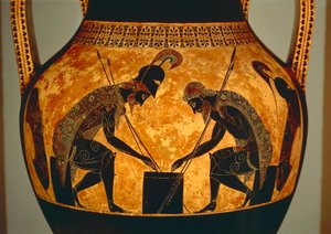 Podkroví černá postava Amphora zobrazující Achilles a Ajax hrající kostky, od Vulci, c.540-530 př.nl (keramika) (detail) od Exekias Exekias