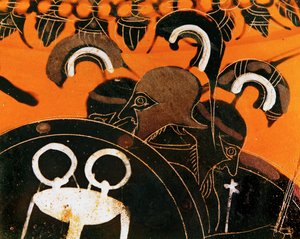 Tříhlavý obr Geryon, kterému Héraklés ukradl dobytek... od Exekias Exekias