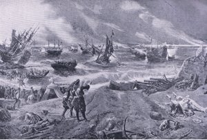 Jakub II. v bitvě u La Hogue, 23. května 1692, ilustrace z britských bitev na souši a na moři, 1915 od Eyre Crowe