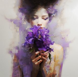 Krásná žena nosí abstraktní fialové květy, Wall Art | Plátna Print od F. Abderrahim