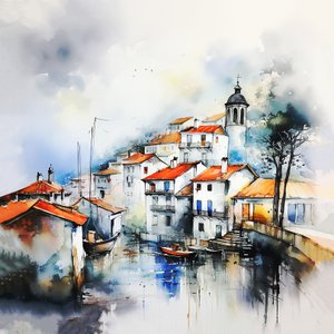 Abstraktní akvarel Krajina, vesnice a ulice malba, hala a obývací pokoj dekorace od F. Abderrahim