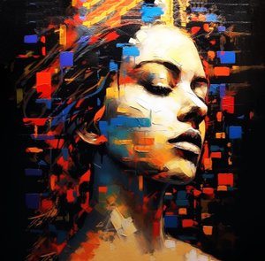 Abstraktní malba ženský portrét profil černé pozadí, Wall Art | Plátno Print od F. Abderrahim