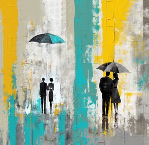 Romantický deštivý den, zamilovaný pár pod deštníkem, Wall Art Prints od F. Abderrahim