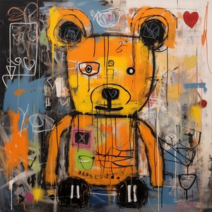 Dekor roztomilý medvěd abstraktní malba, Jean Michael Basquiat styl, umělecké výtisky od F. Abderrahim