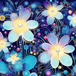 Květinový vzor v modré barvě, styl yayoi kusama, umělecké výtisky online od F. Abderrahim