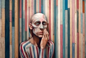 Surrealistický obraz smutného muže inspirovaný Giorgio de Chirico, umělecké výtisky od F. Abderrahim