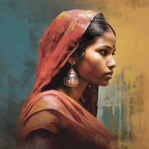 Tradiční indická žena se stříbrnými náušnicemi, Portrét Wall Art Print od F. Abderrahim