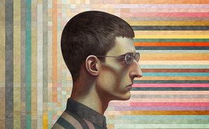 intelektuál inspirovaný Giorgiem de Chiricem, surrealistická portrétní malba od F. Abderrahim