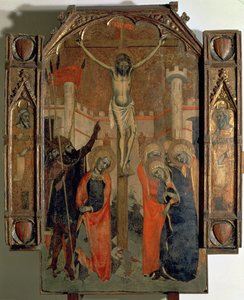 Ukřižování, horní část centrálního panelu velkého oltářního obrazu Almudaina, dokončeného v roce 1358 (tempera na panelu) od F. Bassa and R. Destorrents