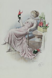 Pohlednice zobrazující ženu s lahvemi šampaňského ve tvaru mužů, cca 1900 (barva lito) od F. Kuderna