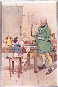 David večeřel s panem MiCawberem ve vězení, ilustrace od Davida Copperfielda, 1914