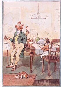 Jednou rukou vzal kotletu za kost a druhou brambor, ilustrace od Davida Copperfielda, 1914
