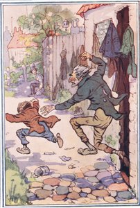 Hed za nimi vyběhl z obchodu a poslal je létat, ilustrace od Davida Copperfielda, 1914 od F. M. B. Blaikie