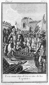 Hernando Cortes (1485-1547) Reviewing his Troops, vyryl Antonio Rodriquez od F. Marti