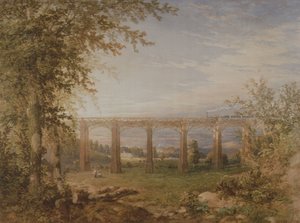 Cihlový a dřevěný železniční viadukt s parním vlakem, 1849 (wc na papíře) (pár k 3247622)
