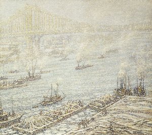 East River, New York, zima, cca 1915 (olej na plátně) od F. Usher de Voll