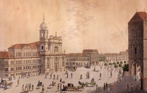 Hybernské náměstí, Praha (kolorovaný lept a mědiryt) od F. and Heger, P. Heger
