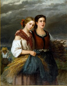 Návrat polí Dva mladí rolníci s pšeničnými klasy v zástěře stojí spolu. Obraz Federica Giuliano Gervasoni (1838-1915) 1863 Sun. 135x105 cm Genes Nervi, Galleria d