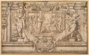 Pesach (pero a hnědý inkoust s hnědým praním na bílém papíře) od Federico (studio of) Zuccaro
