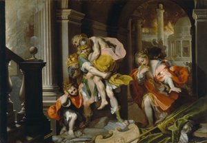 Aeneas a Anchises na útěku z Tróje, kolem 1587 (pero, inkoust a olej s bílým zvýrazněním)