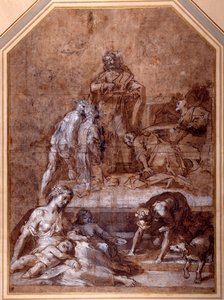 Náboženská alegorie, shromažďování manny a ustanovení eucharistie (pero, inkoust a křída s mytím, zvýrazněné bílou na papíře) od Federico Fiori Barocci or Baroccio