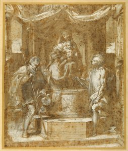 Panna a dítě trůnící pod baldachýnem se svatými Rochem a Sebastianem (pero a hnědý inkoust s hnědým praním a zvýrazněním) od Federico Fiori Barocci or Baroccio