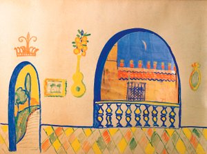 Dessin de Federico Garcia Lorca (1898-1936) pour le decor du theatre guignol