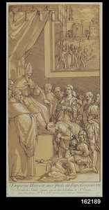 Císař Jindřich IV. (1050-1106) u nohou papeže Řehoře VII. (1020-85), vyryl Nicolas Le Sueur (1691-1764)