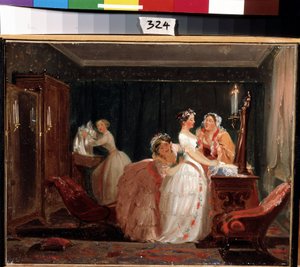 Svatební přípravy. Buržoazní dívka ve svatebních šatech se připravuje na svatební obřad. Dílo Feodora Andrejeviče Bronnikova (1827-1902). Olej na papíře, 26 x 33 cm od Fedor Andreevich Bronnikov