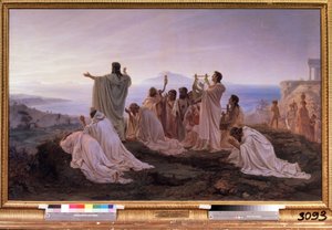 ""The Hymn to the Rising Sun of Pythagoras"" Rituální obřad ve starověkém Řecku inspirovaný pythagorejskými teoriemi týkajícími se hudby a hvězd. Obraz Feodor Andrejevič Bronnikov (1827-1902) 1869 Státní Treťjakovská galerie Moskva