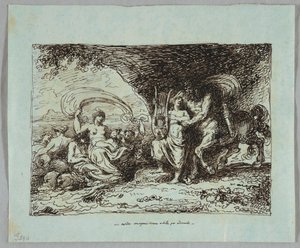 Achilles Taught by Centaur Chiron How to Play Lyre   1290966   cs       czech Successfully Translated  Original: The Little Maid Could Not Reach up to the Doll, from What the Moon Saw in an edition of Fairy Tales by Hans Christian Andersen (1805-75) 1920 ( od Felice Giani