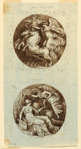 Kresba, Okřídlená vítězka na voze; Okřídlená vítězka korunující Minervu; dva rondely, asi 1805 od Felice Giani