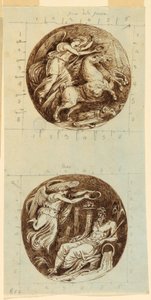 Kresba, Okřídlené vítězství na voze; okřídlené vítězství korunující říčního boha, Reno; dva rondely, kolem roku 1805 od Felice Giani