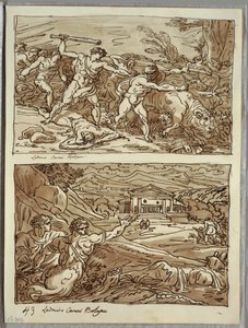 Remus odežene a zabije lupiče stád; Svatyně pro uprchlíky na Campidoglio, dvě studie po Carracci od Felice Giani