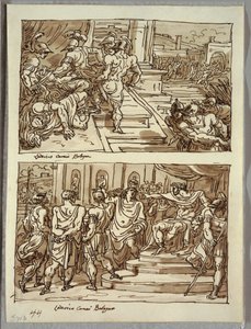 Remus zabije krále Amulia; Remus vedl v řetězech před králem Amuliem; Dvě studie po Carracci od Felice Giani