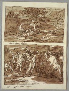 Romulus a Remus kojili vlka; Romulus zasvěcuje Jove Feretriovi kořist poraženého krále Acronia, dvě studie po Carracci od Felice Giani