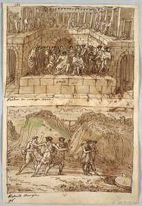 Strana skicáře, Folio 98: Dva obrazy podle Caravaggia a Raphaela; Verso: Orel a vůl od Felice Giani