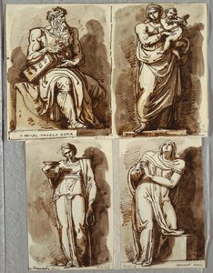 Studie po čtyřech sochách na hrobě Julia II., po Michelangelovi: Mojžíš; Madona s dítětem; Leah, ctnost; Rachel, Náboženství od Felice Giani