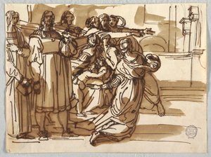 Prelát a nositelé stolice a ženy v jejich blízkosti ve „Vyhnání Heliodora“ podle Raphaela Sanzia od Felice Giani