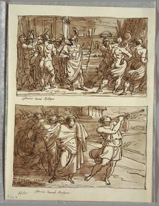 Pýcha Romula: Výsměch starého kapitána Veii; Dvě studie po Carracci od Felice Giani