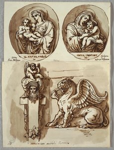 Dvě kresby Madony s dítětem na oválech, Studie podle Giambologny a Alfonza da Ferrera; Herm a Chimera, po Antique od Felice Giani