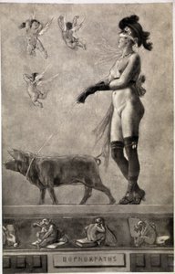 Pornokrates (Nahá žena, proužky očí, obklopená anděly a držící prase na vodítku) - kresba Felicien Rops (1833-1898)